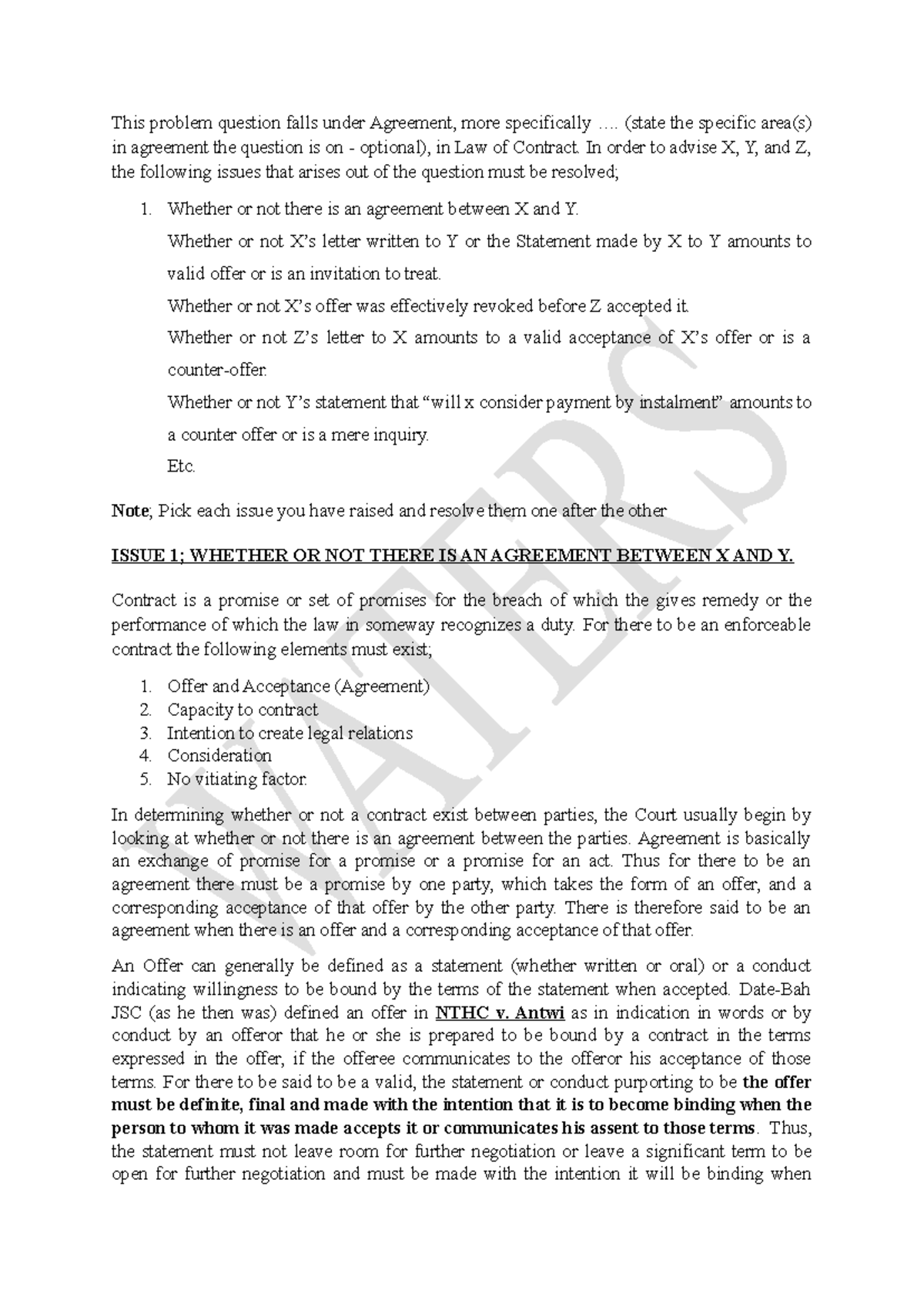 Agreement Issues in Law of Contract: Analysis for First Year Law ...