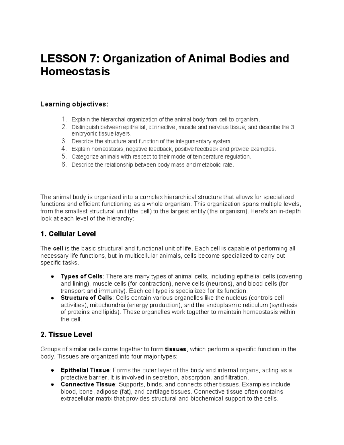Organizational Structure and Homeostasis in Animal Bodies (BIO 101 ...