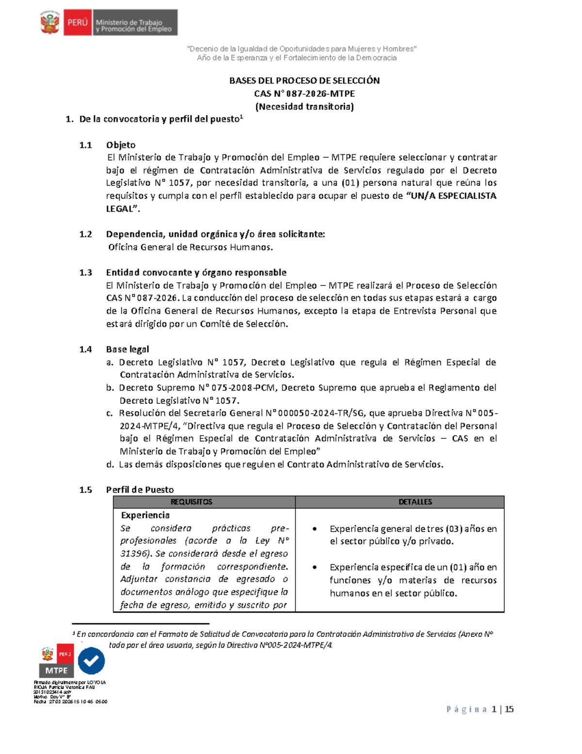 Bases del Proceso de Selección CAS 087-2026 para Especialista Legal ...