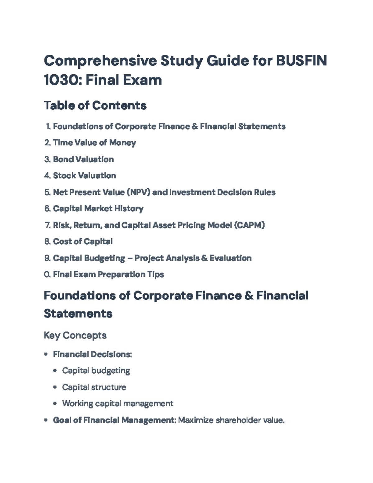 Comprehensive Study Guide for BUSFIN 1030: Final Exam Preparation ...