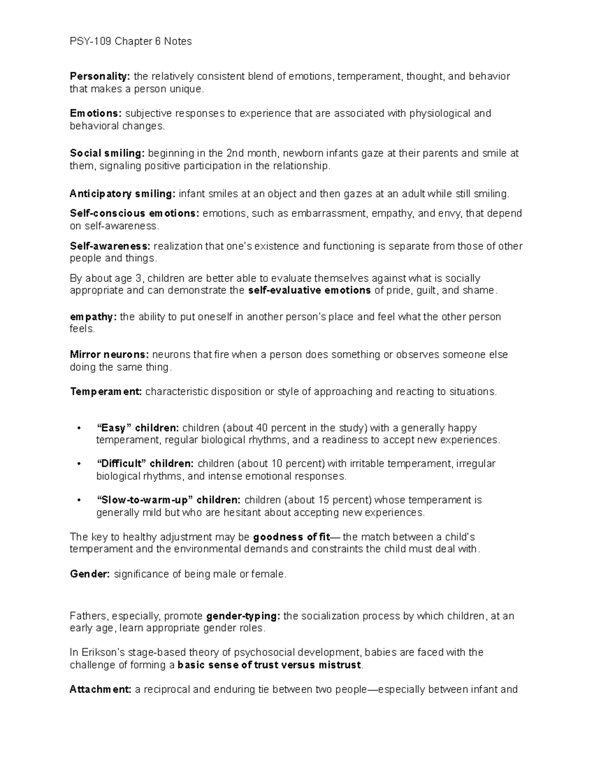 PSY-109 Chapter 6 Notes: Understanding Personality and Attachment - Studocu