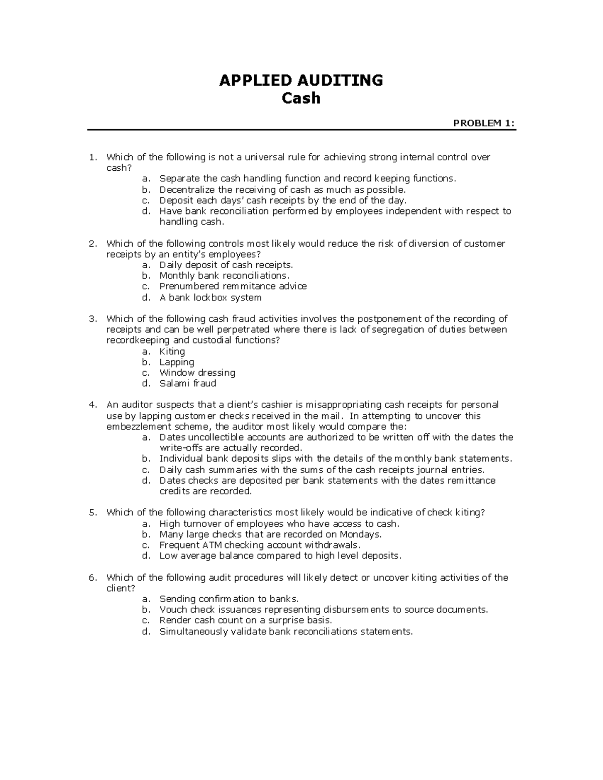 APPLIED AUDITING - Practice Problems for Cash Analysis and Control ...