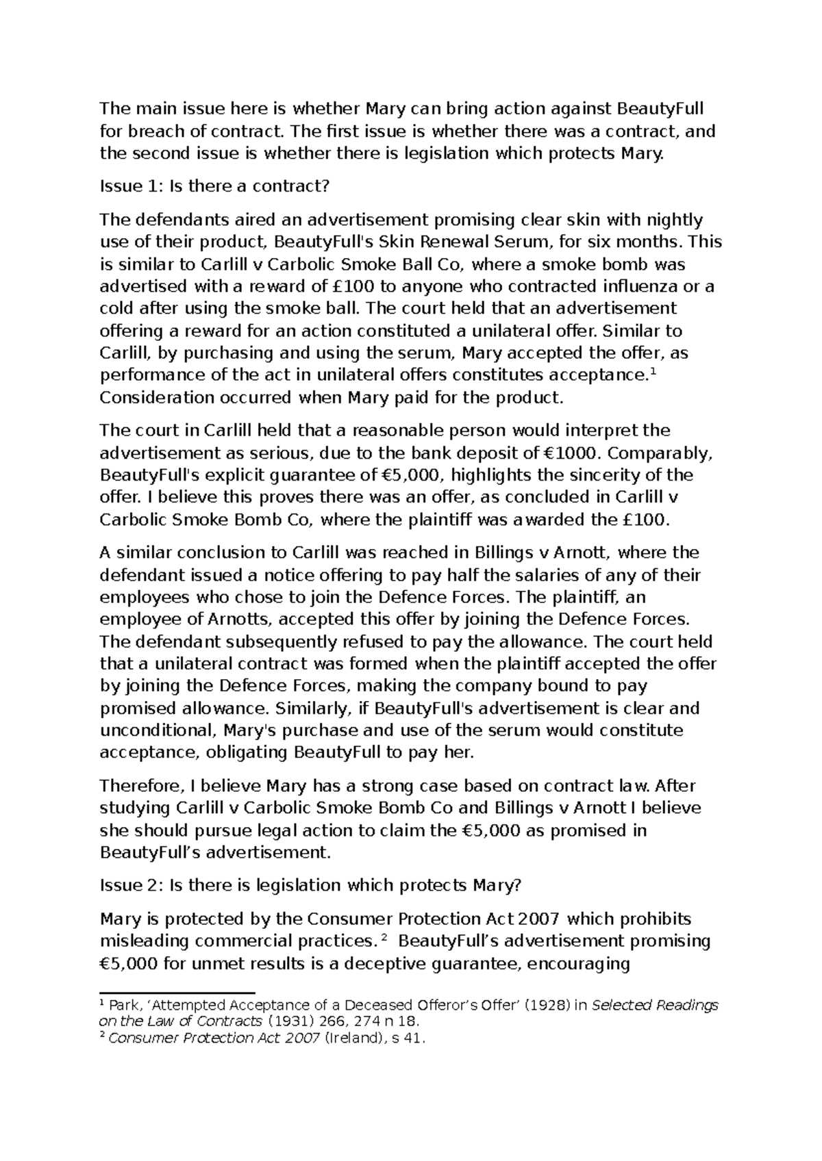 Contract Law Analysis: Mary vs. BeautyFull (Assignment 1 LPS) - Studocu