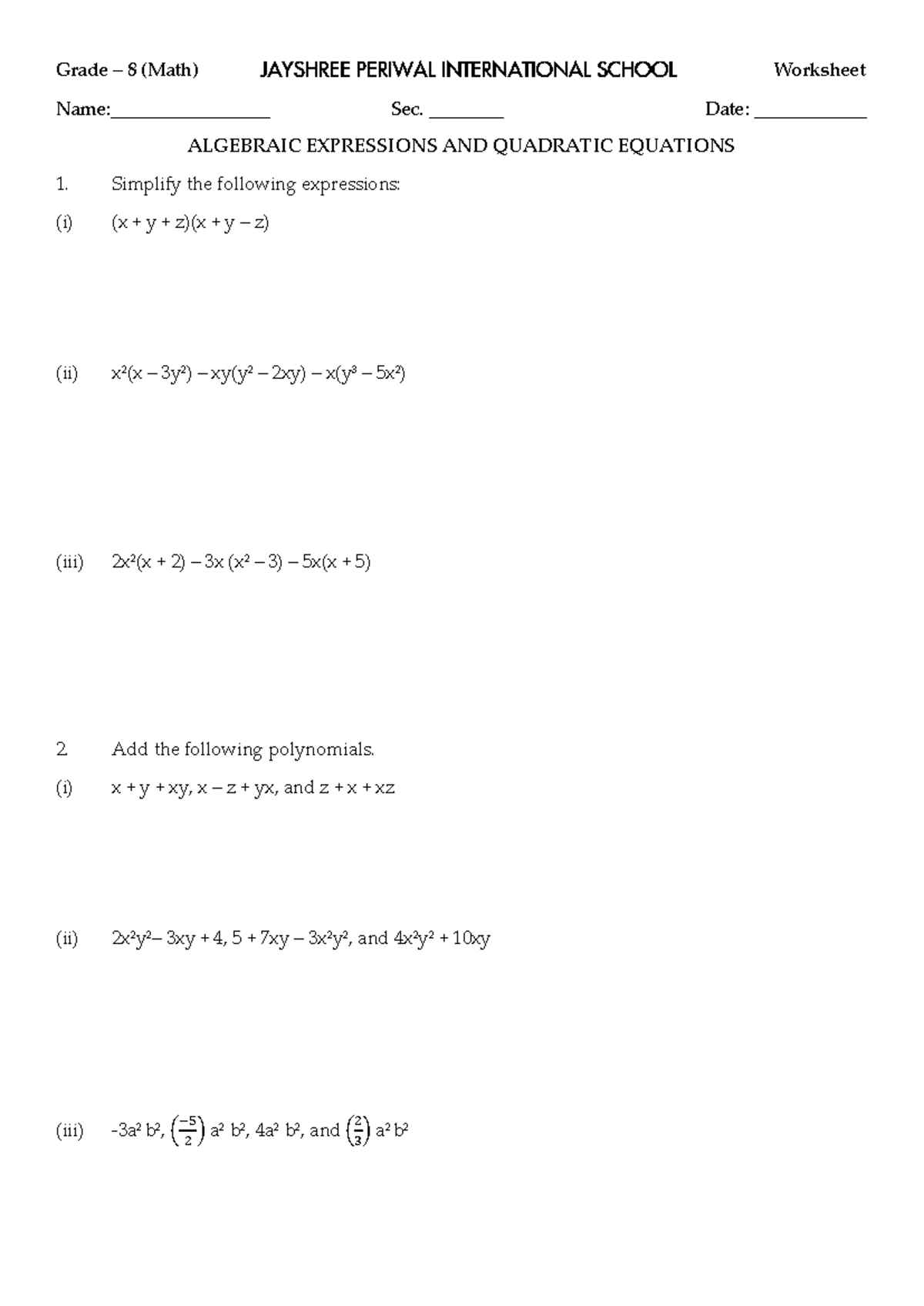Grade 8 Math Worksheet: Algebraic Expressions & Quadratic Equations ...