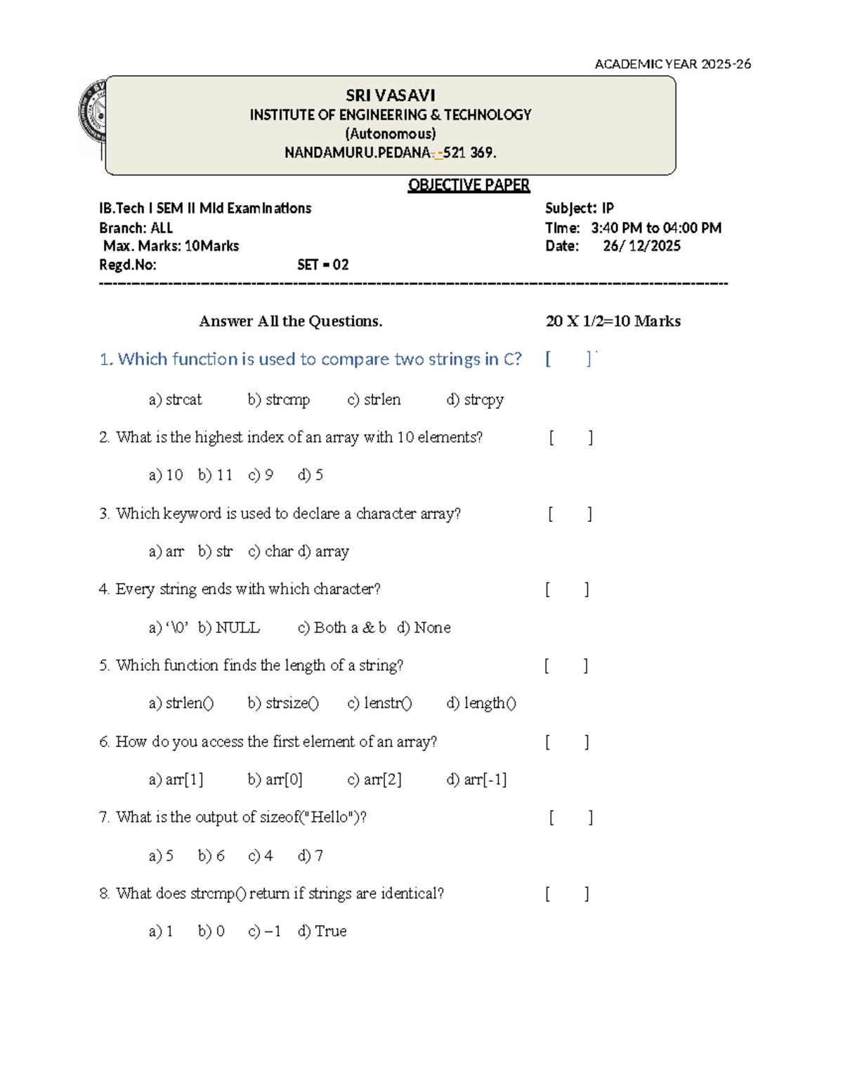 IP Mid Exam Objective Paper - I B.Tech I Sem II - SET 02 - Studocu