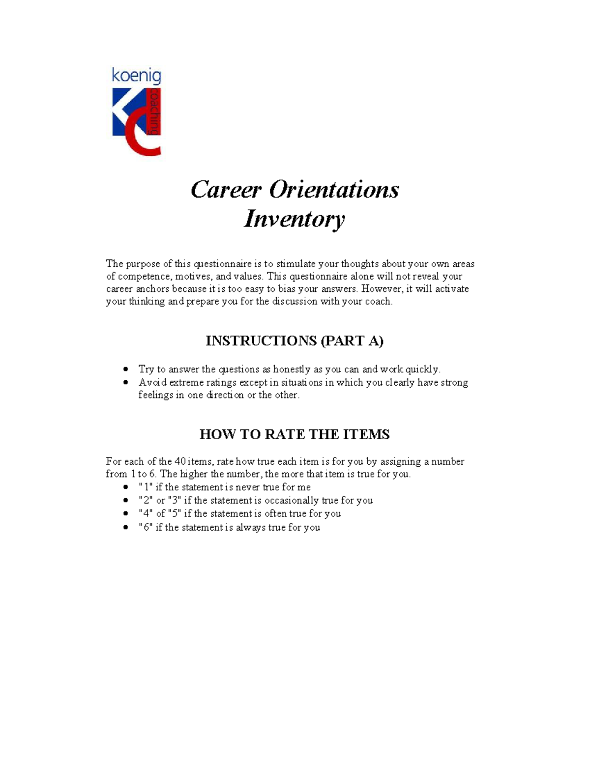 CA2 Career Orientations Inventory: Self-Assessment Questionnaire - Studocu