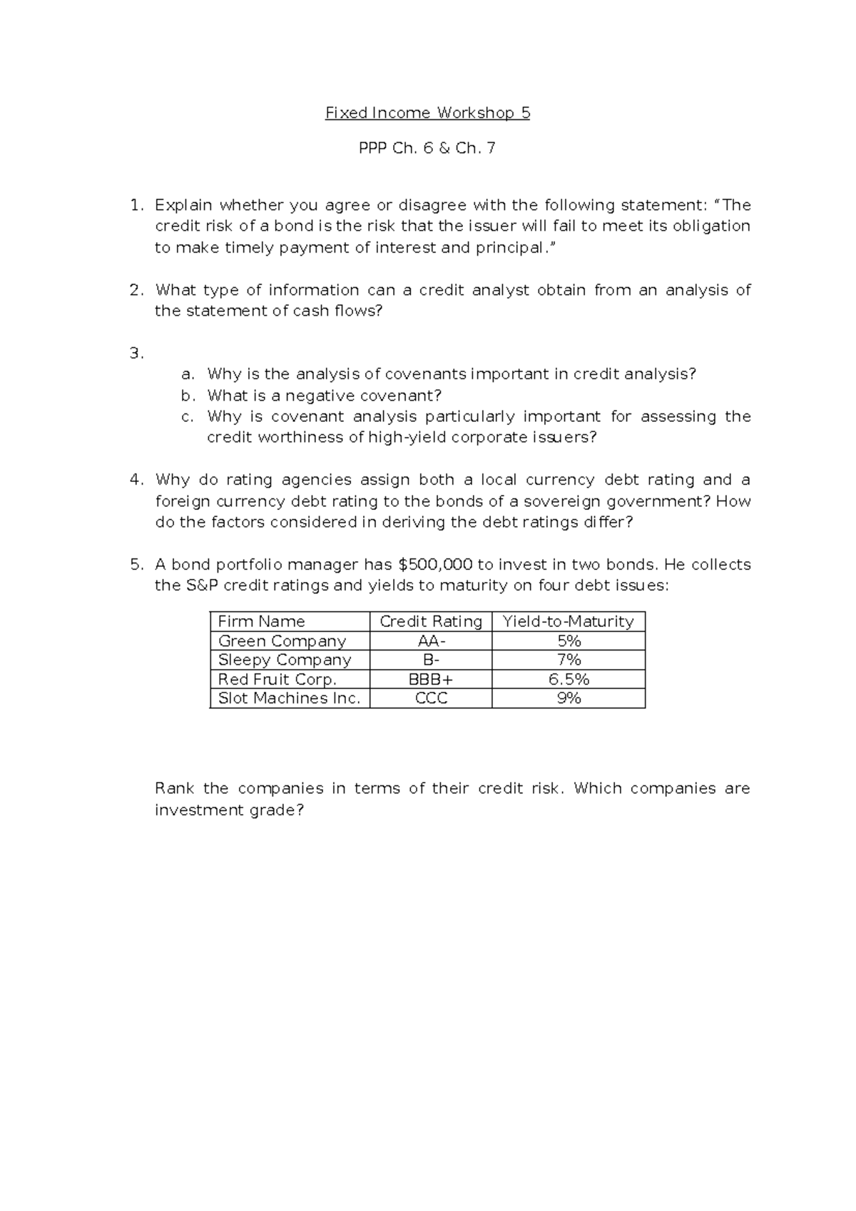 Fixed Income Workshop Questions: Analysis & Case Study (FIN 101) - Studocu