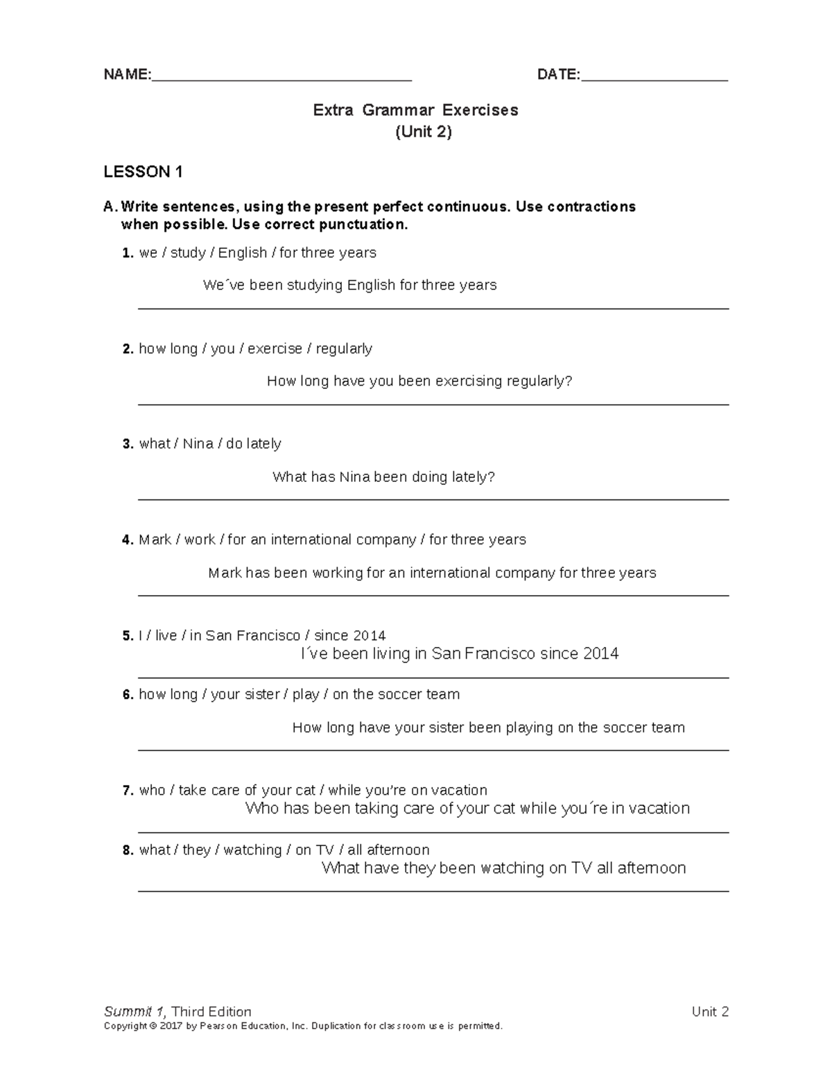 Extra Grammar Exercises for Unit 2 - English VI Lesson 1 - Studocu