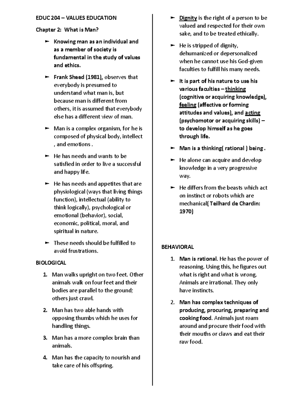 EDUC 204 – Values Ed. Chapter 2: Understanding Ethics of Man - Studocu