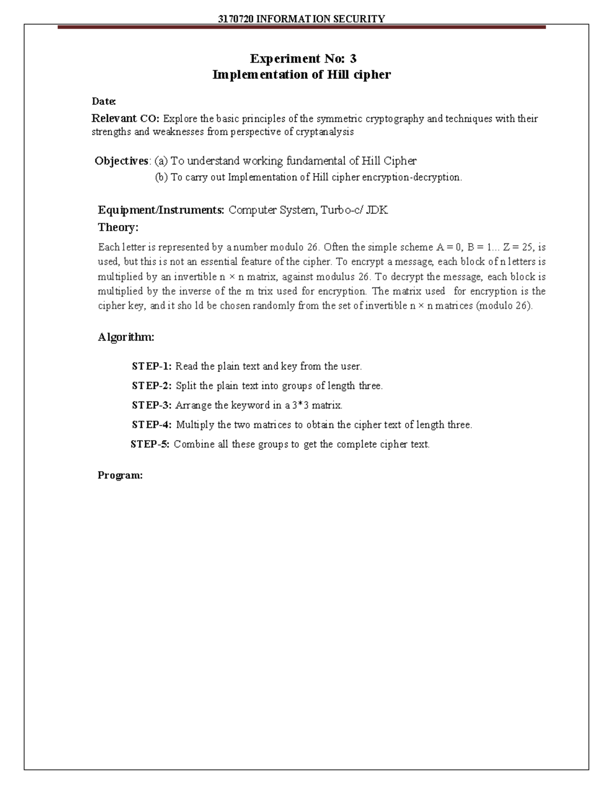 Implementation of Hill Cipher - Exp-3 for 3170720 Information Security ...