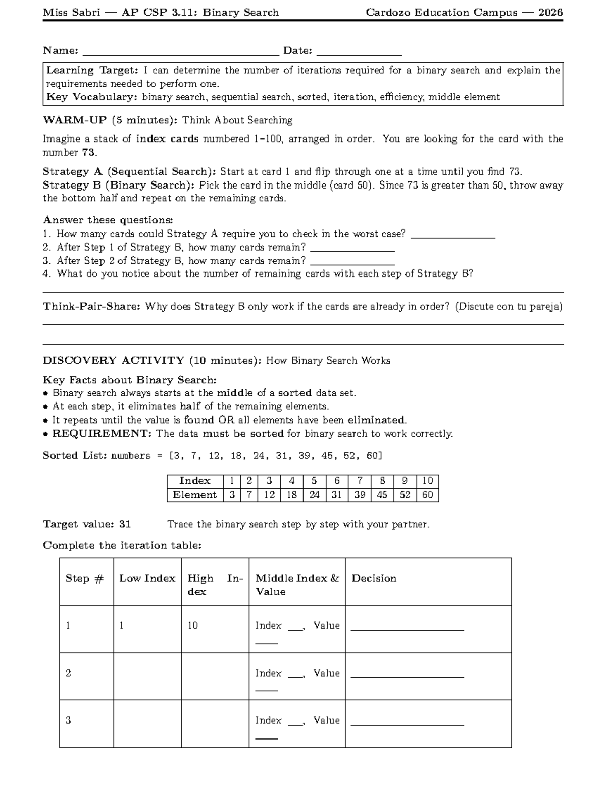 AP CSP 3.11: Understanding Binary Search Iterations and Requirements ...