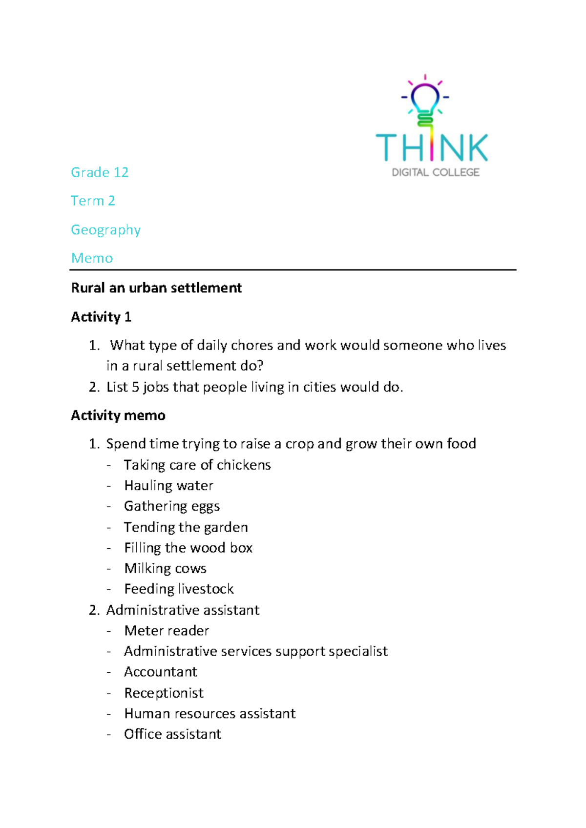 Grade 12 Geography GR12 Term 2 Study Notes: Rural & Urban Settlements ...