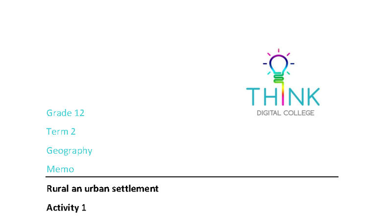 Grade 12 Geography GR12 Term 2 Study Notes: Rural & Urban Settlements ...
