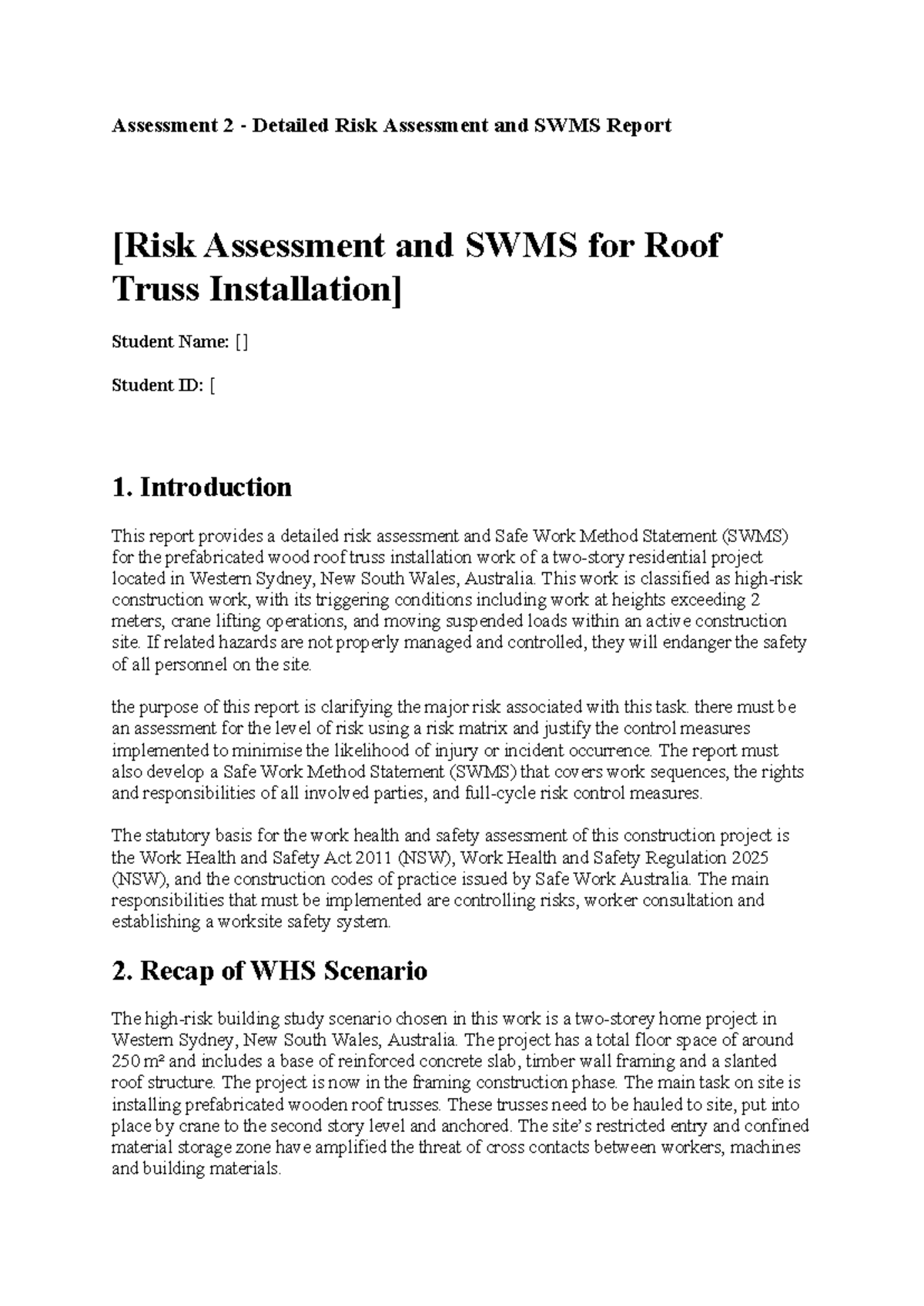 Assessment 2: Detailed Risk Assessment & SWMS for Roof Truss ...