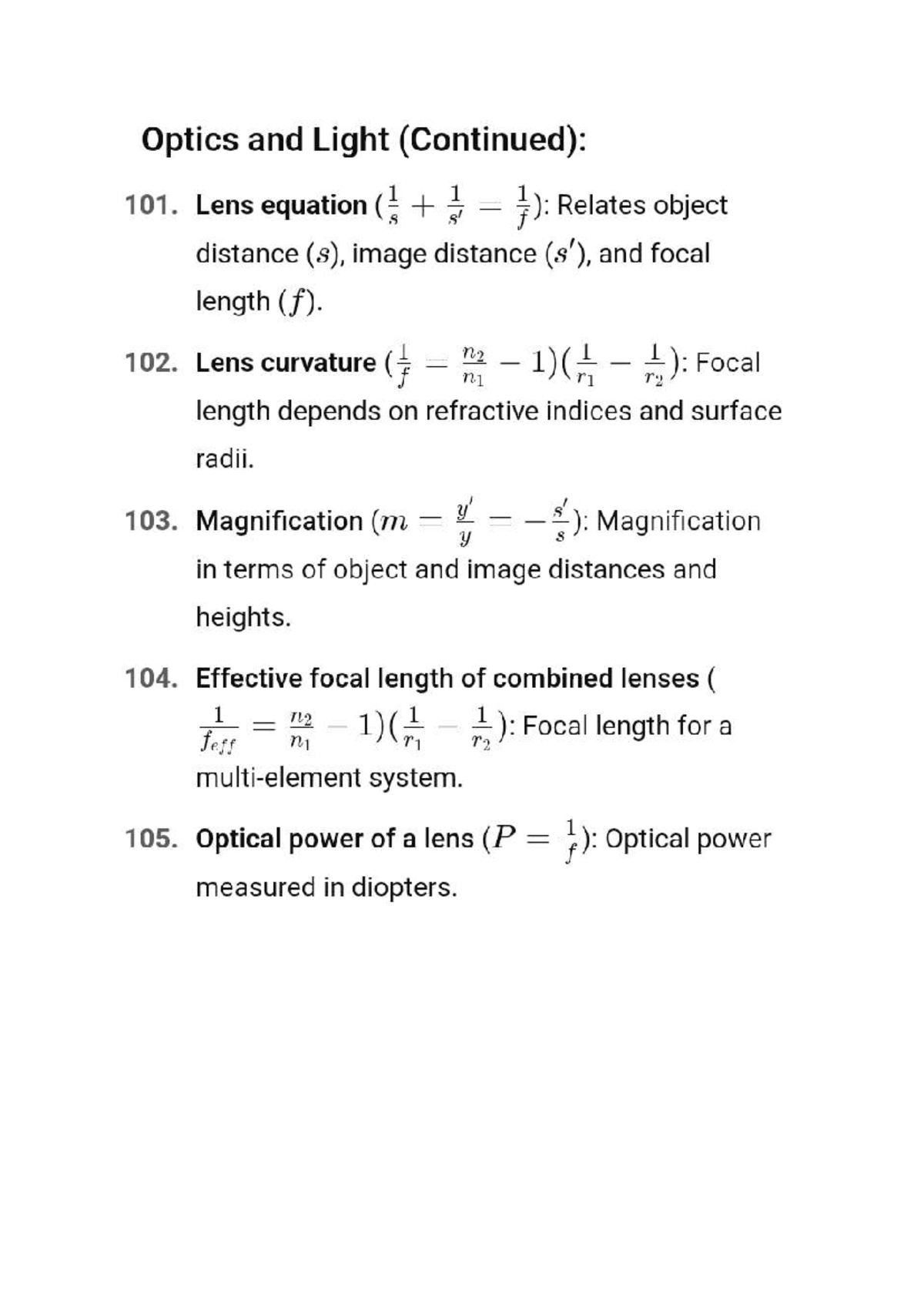 Optics & Light: Formulas 101-117 Overview (2024-2025) - Studeersnel
