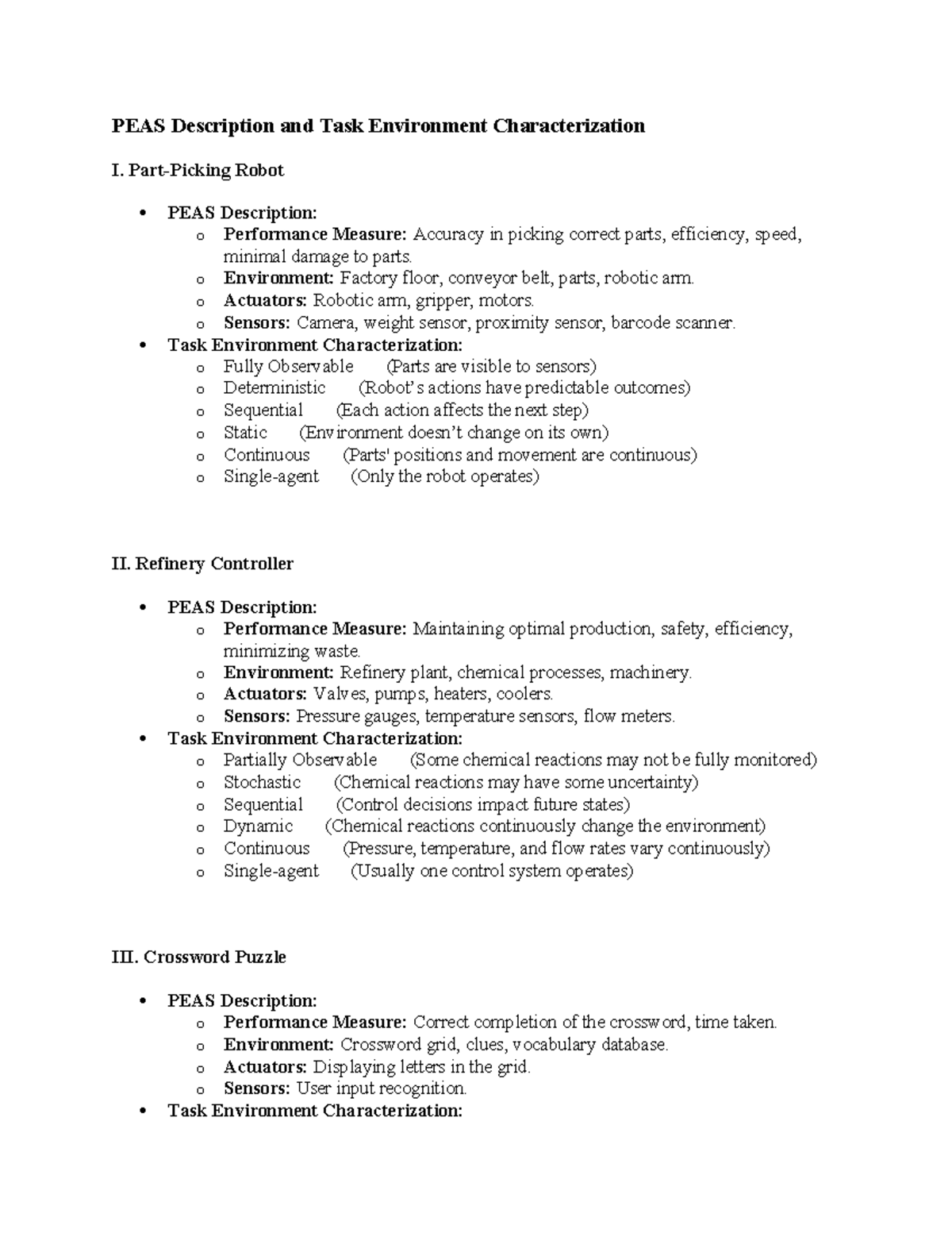 PEAS Descriptions & Task Environment Analysis for Multiple Systems ...