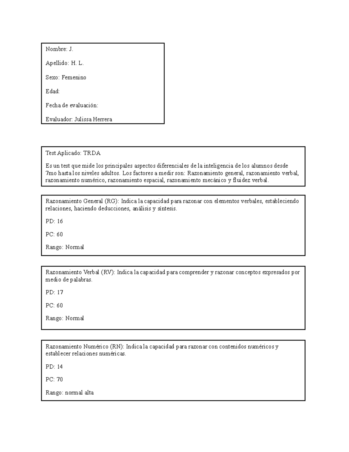 Informe TRDA - Nombre: J. Apellido: H. L. Sexo: Femenino Edad: Fecha de ...