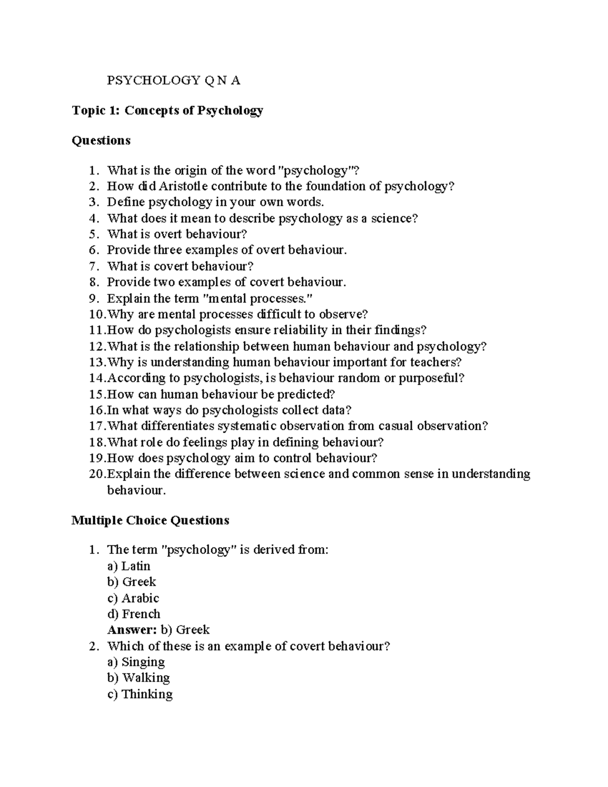 PSY 101 Q&A: Key Concepts and Branches of Psychology - Studocu