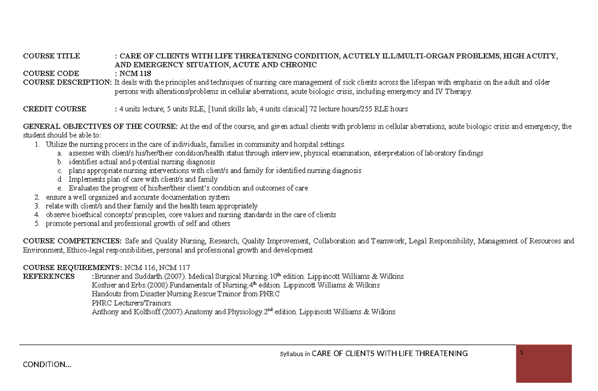NCM 118 - Syllabus for Care of Clients with Life-Threatening Conditions ...