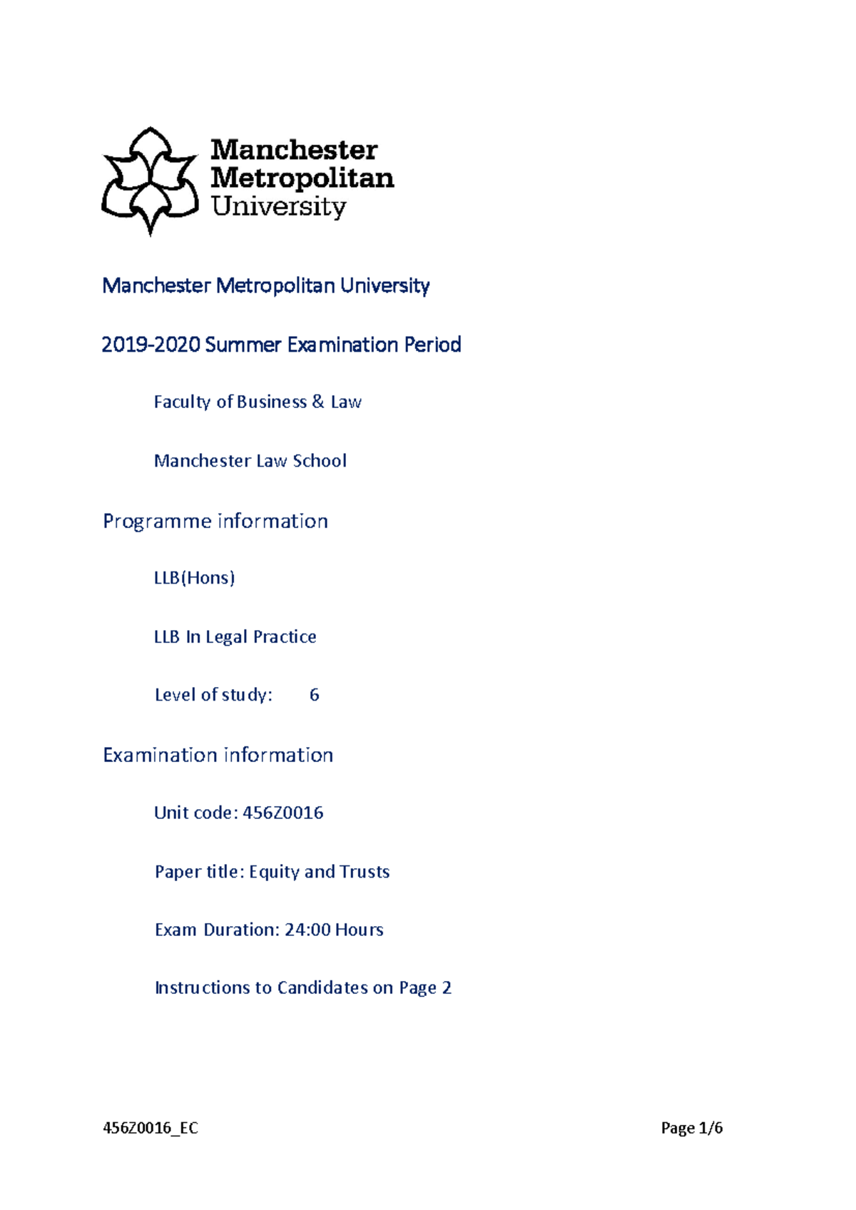 Equity and Trusts Exam Paper - Unit 456Z (2019-2020) - Studocu
