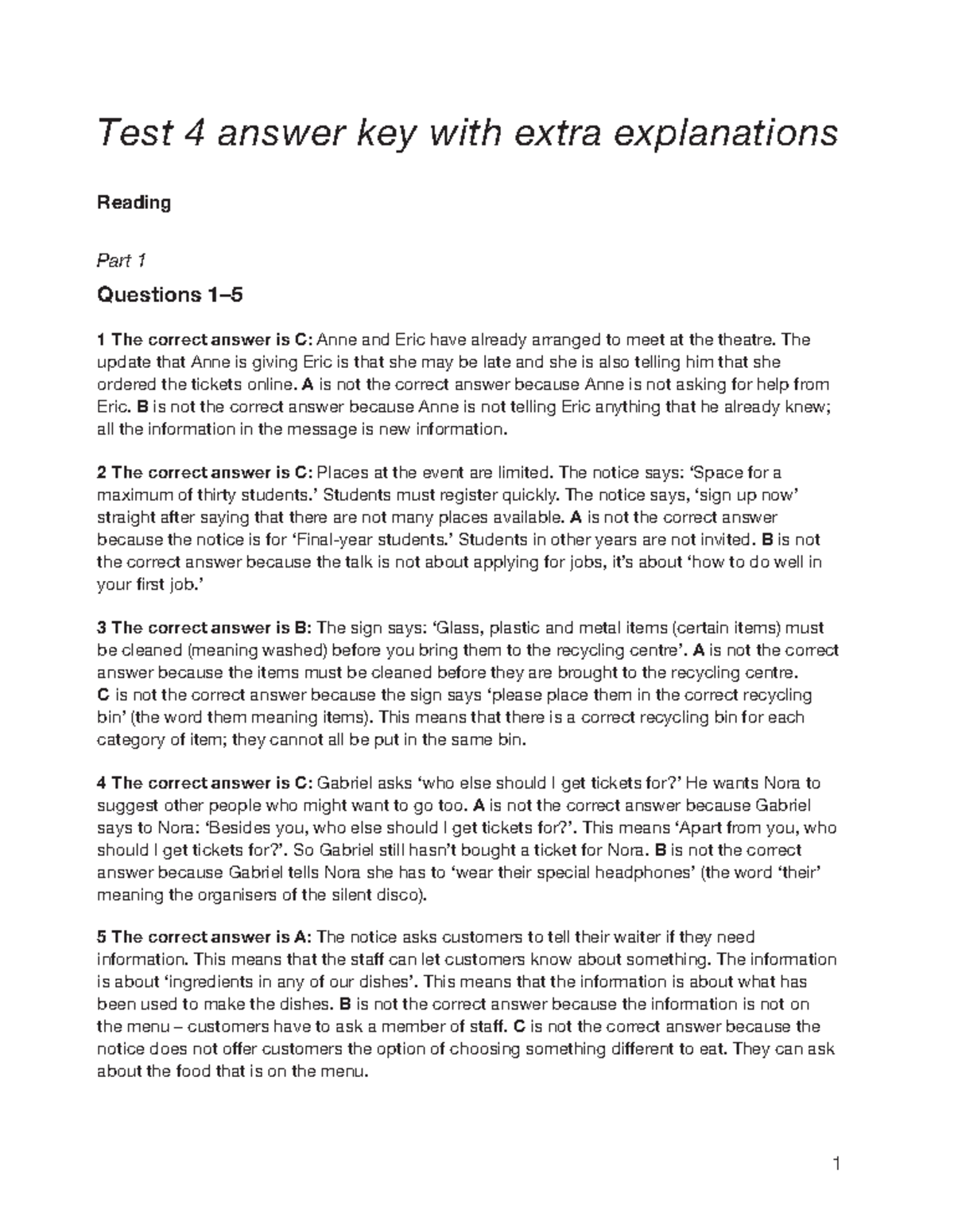 B1 Preliminary Test 4 Answer Key with Detailed Explanations - Studocu