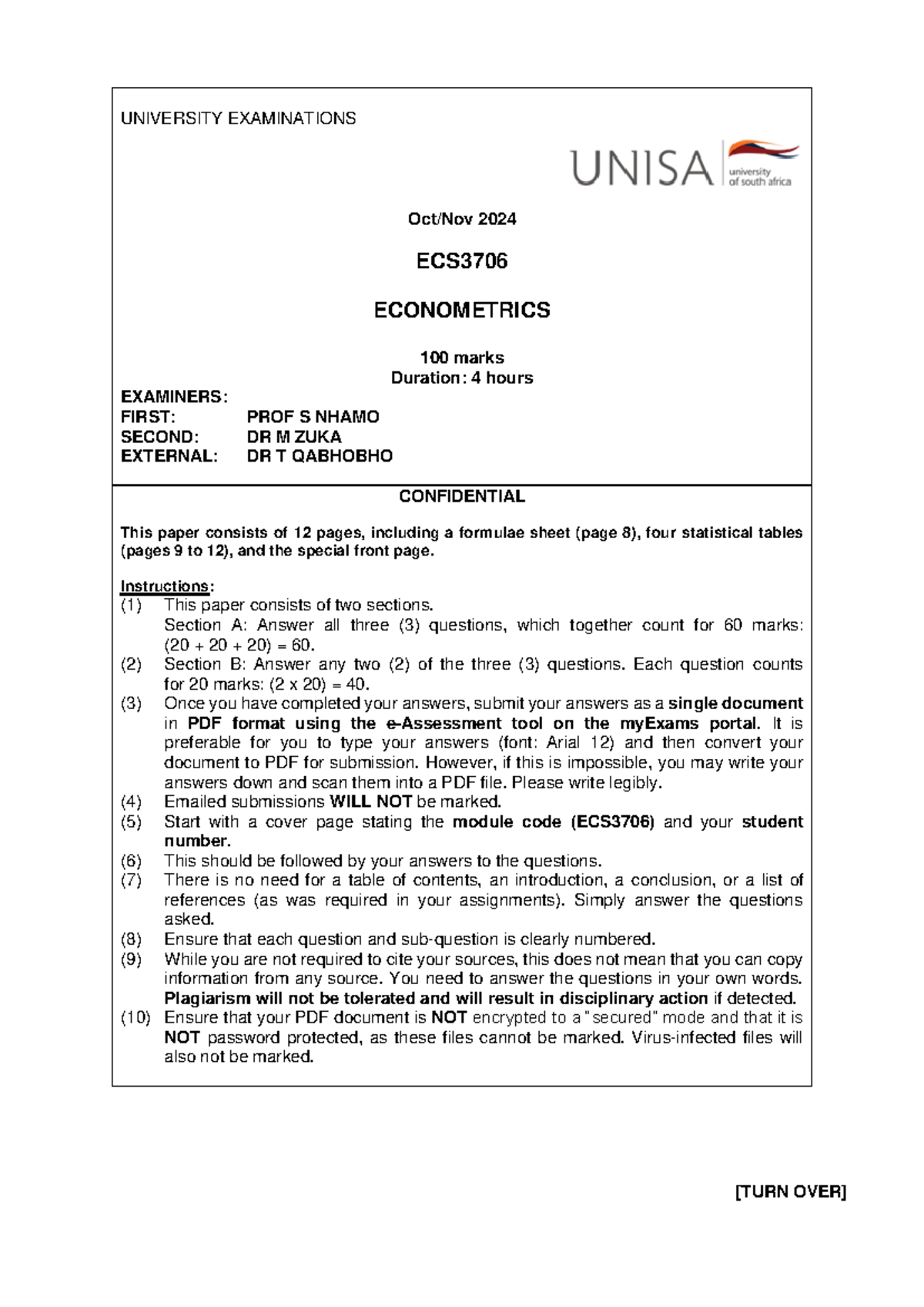 ECS3706 Oct/Nov 2024 Econometrics Final Exam Guidelines - Studocu