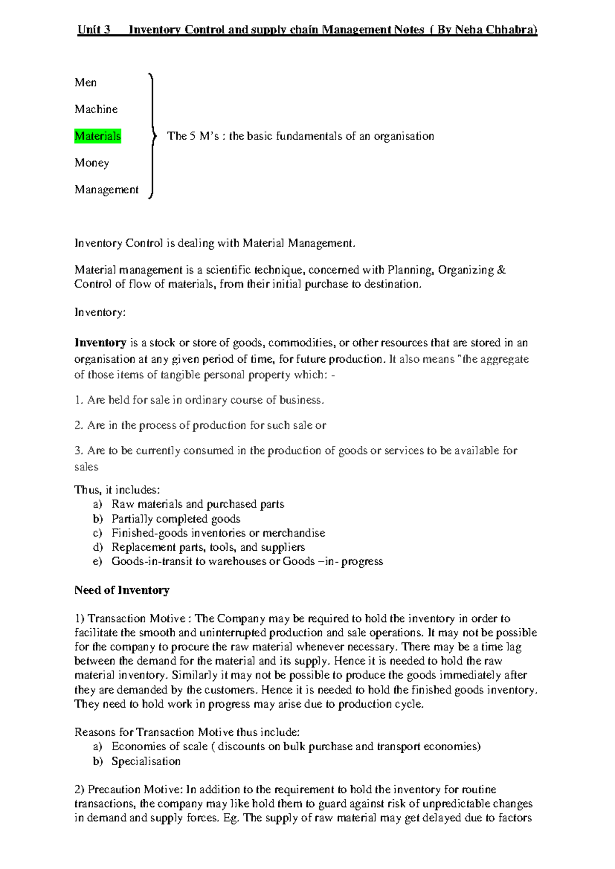 Unit 3: Inventory Control & Supply Chain Management Notes - Studocu