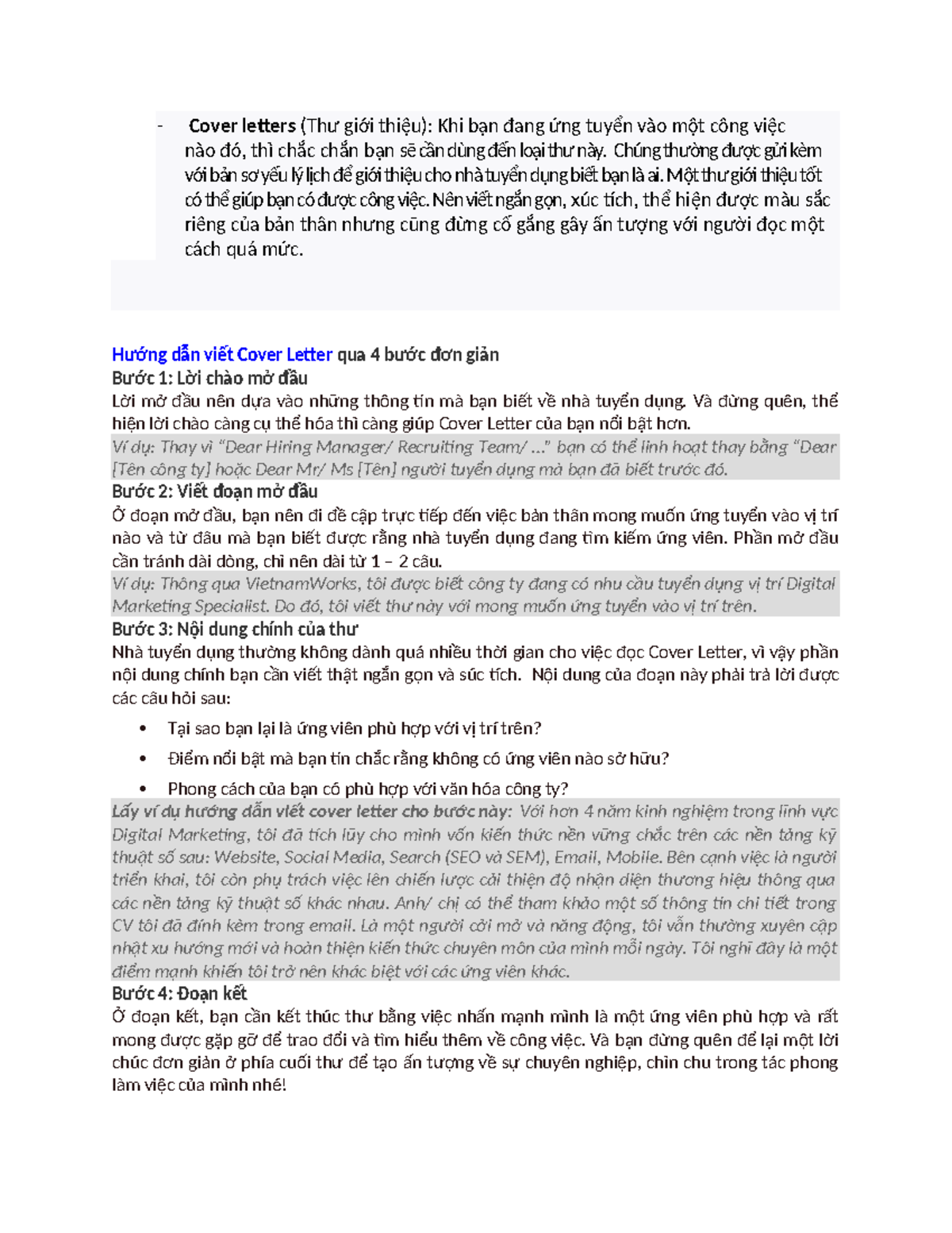 Cover Letter TTTM - Hướng dẫn viết thư xin việc hiệu quả - Studocu
