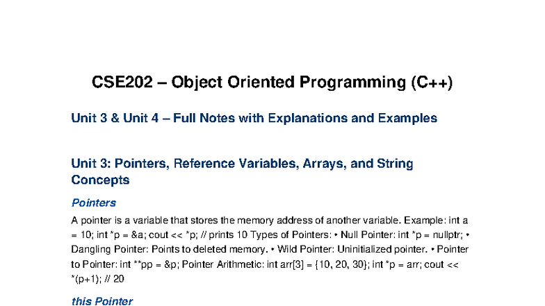 CSE202 Object Oriented Programming Unit 3 & 4 Comprehensive Notes - Studocu