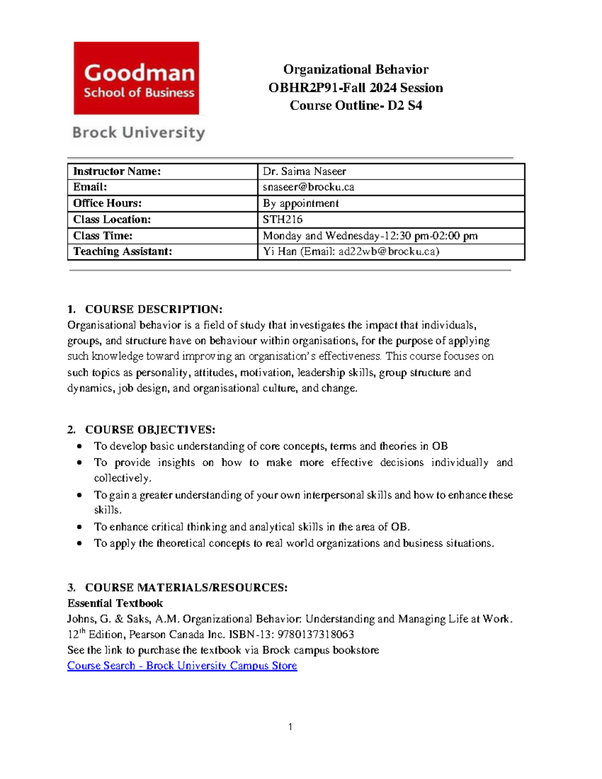 OBHR2P91 Organizational Behavior Course Outline - Fall 2024 - Studocu