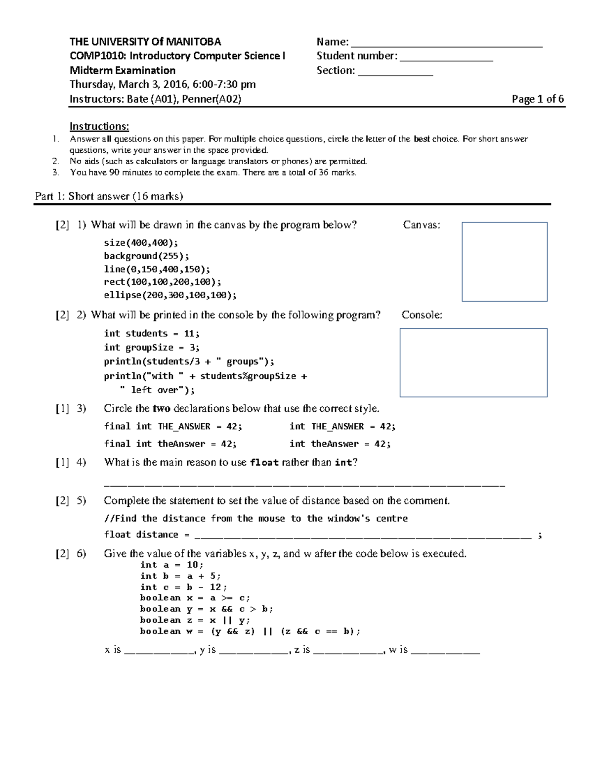 COMP1010 Midterm Exam March 2016 - Question Paper Overview - Studocu
