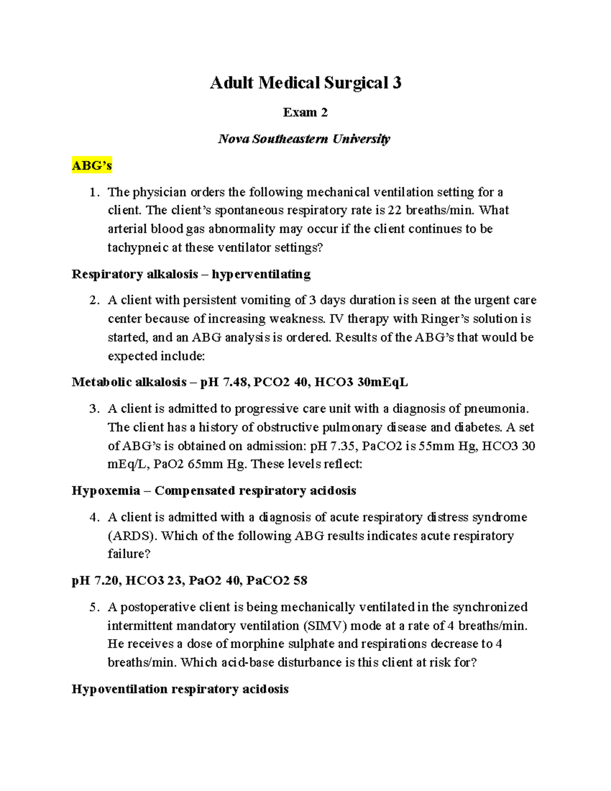 Medsurg 3 Exam 2 Study Guide: Key Concepts & ABG Analysis - Studocu