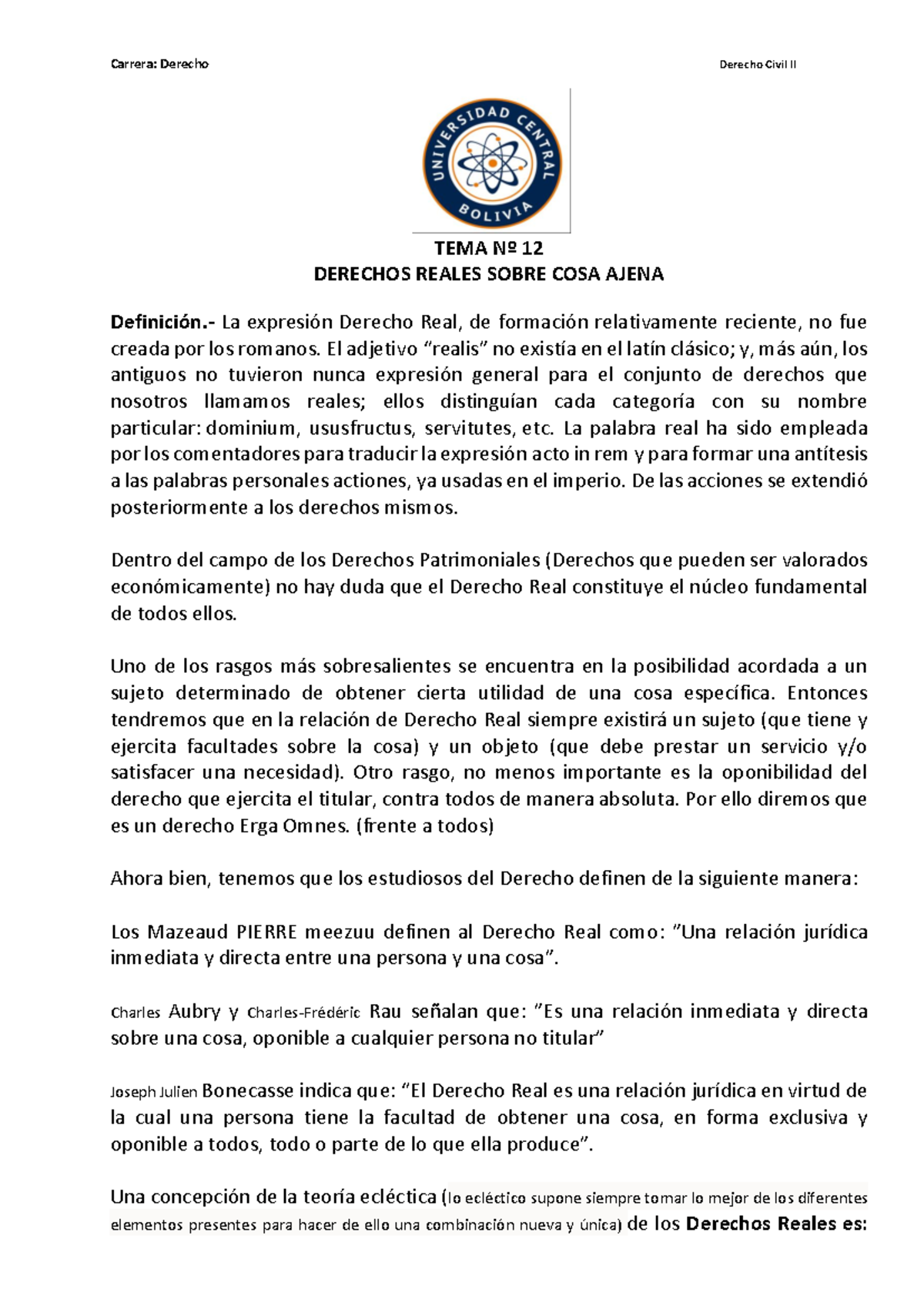 Derechos Reales sobre Cosa Ajena - Tema N° 12 de Derecho Civil - Document Preview