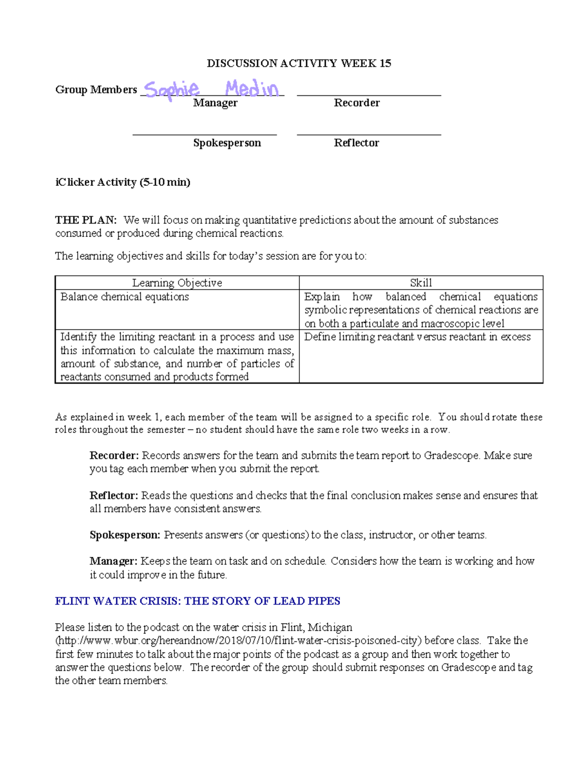 Discussion Worksheet 15: Chemical Reactions & Flint Water Crisis - Studocu