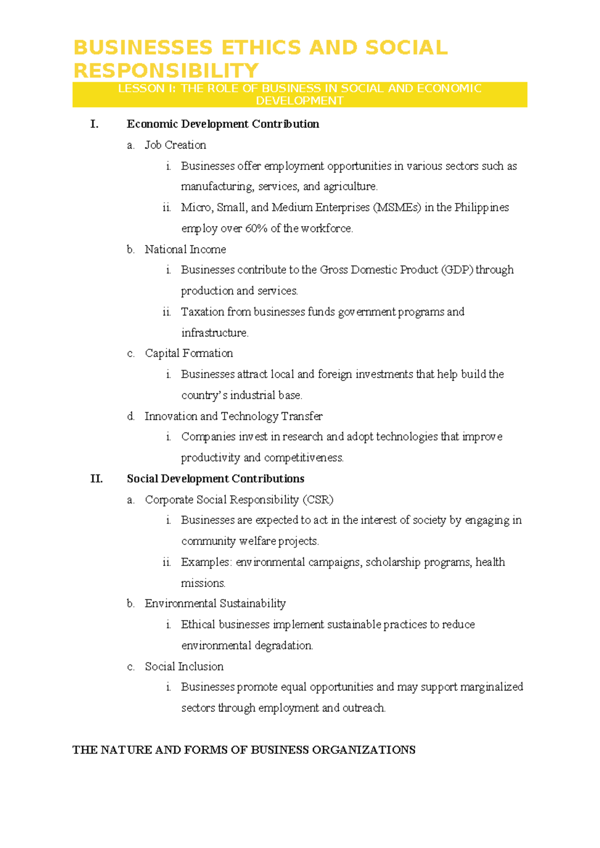 BUS 101: Lesson I - The Role of Business in Socio-Economic Development ...