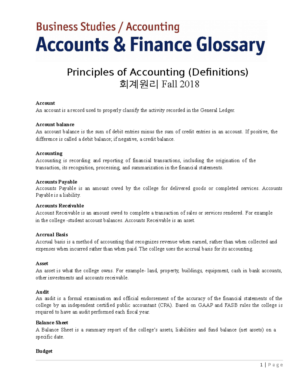 Glossary of Accounting Terms for ACC 101 - Fall 2018 - Studocu