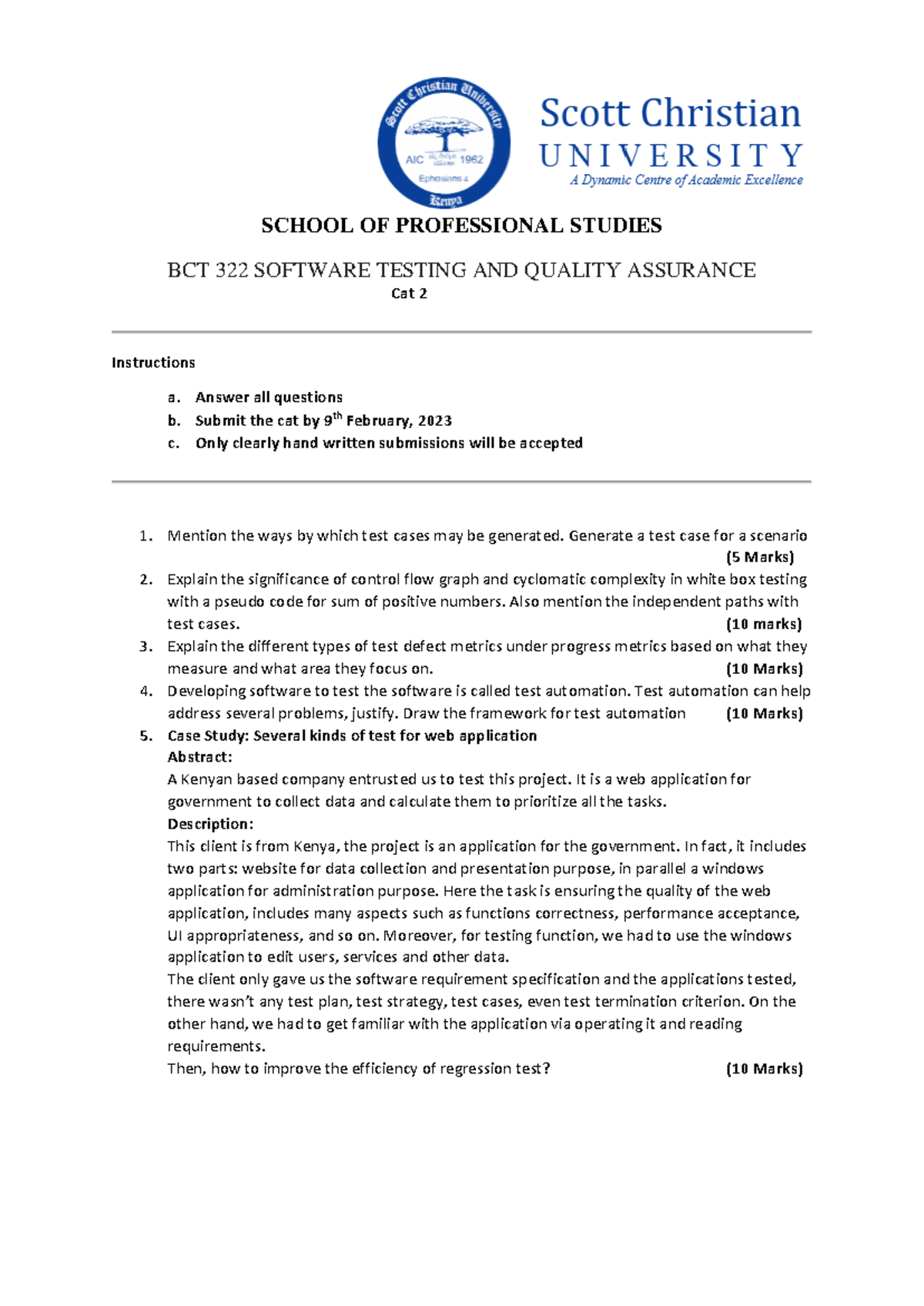 BCT 322 Software Testing & QA: Cat 2 Instructions & Case Study - Studocu