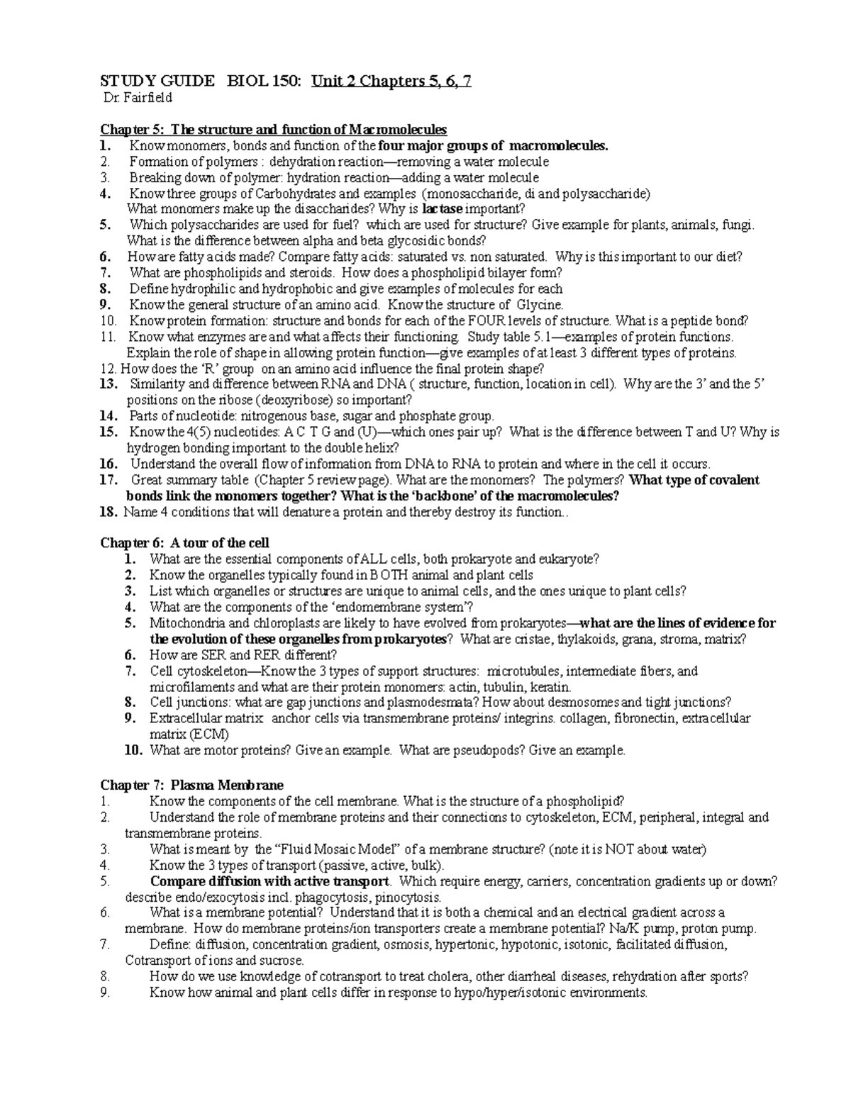 Study Guide for Unit 2: Macromolecules, Cells, and Membranes in BIOL ...