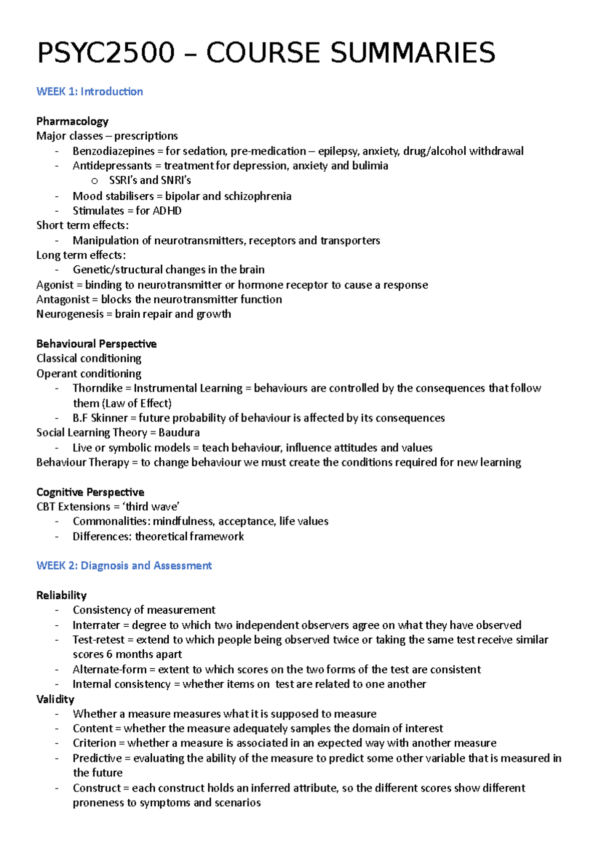 PSYC2500 Course Summaries - PSYC2500 – COURSE SUMMARIES WEEK 1 ...