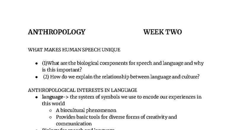 ANTH 101 Week 2: The Uniqueness of Human Speech and Language - Studocu