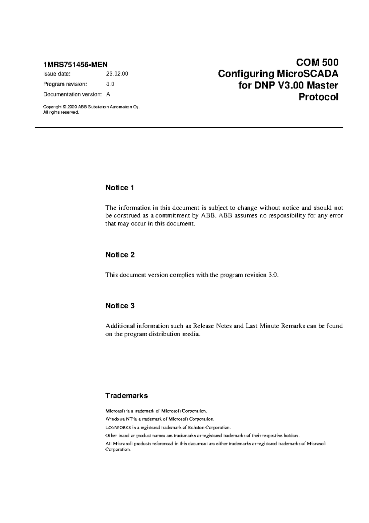 COM 500 Configuring MicroSCADA for DNP V3.00 Master Protocol Manual ...