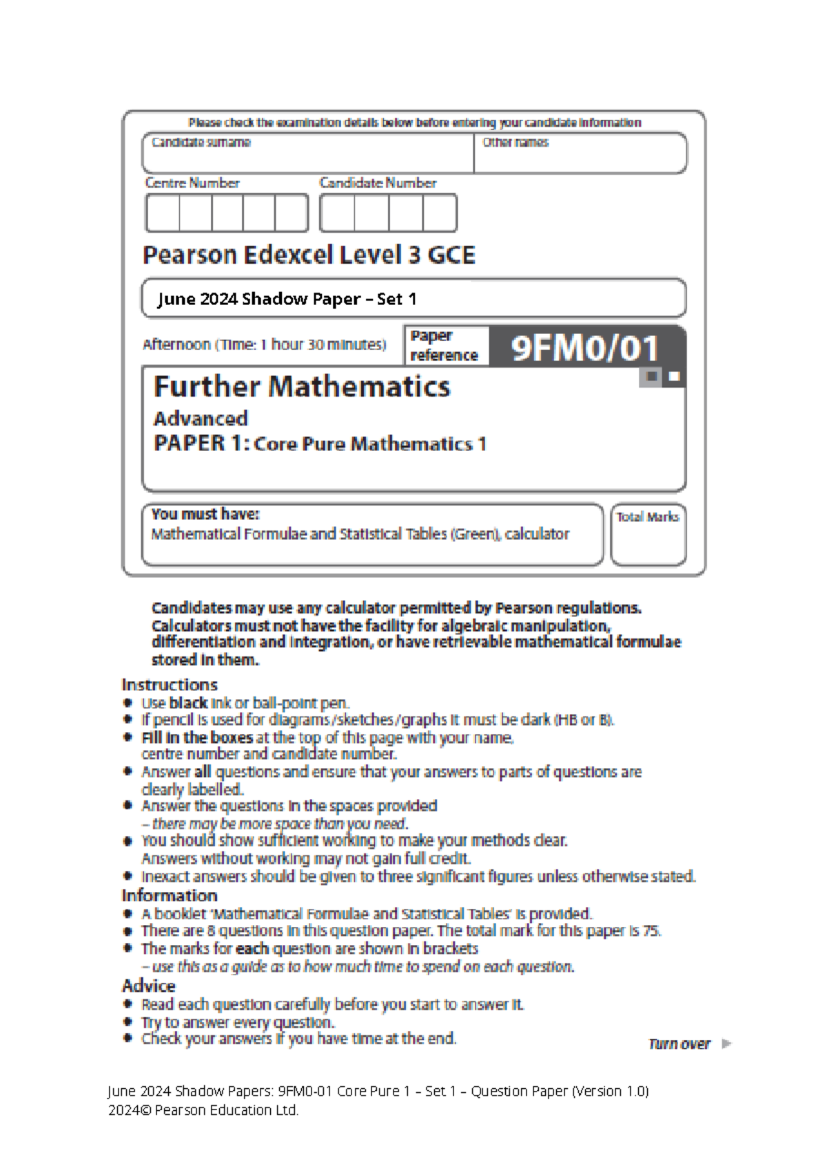 June 2024 Shadow Paper 9FM0-01 Core Pure 1 - Set 1 Question Paper - Studocu