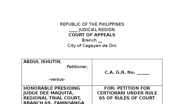 Petition for Certiorari Under Rule 65: Abdul Ishutin vs. RTC Branch 69 ...