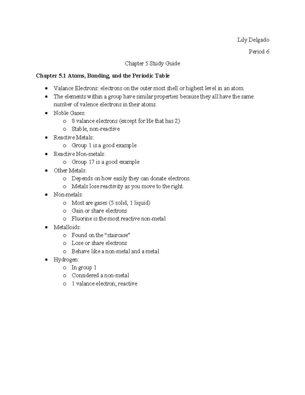 Chapter 5 Study Guide: Atoms, Bonding, and the Periodic Table (Chem 101 ...