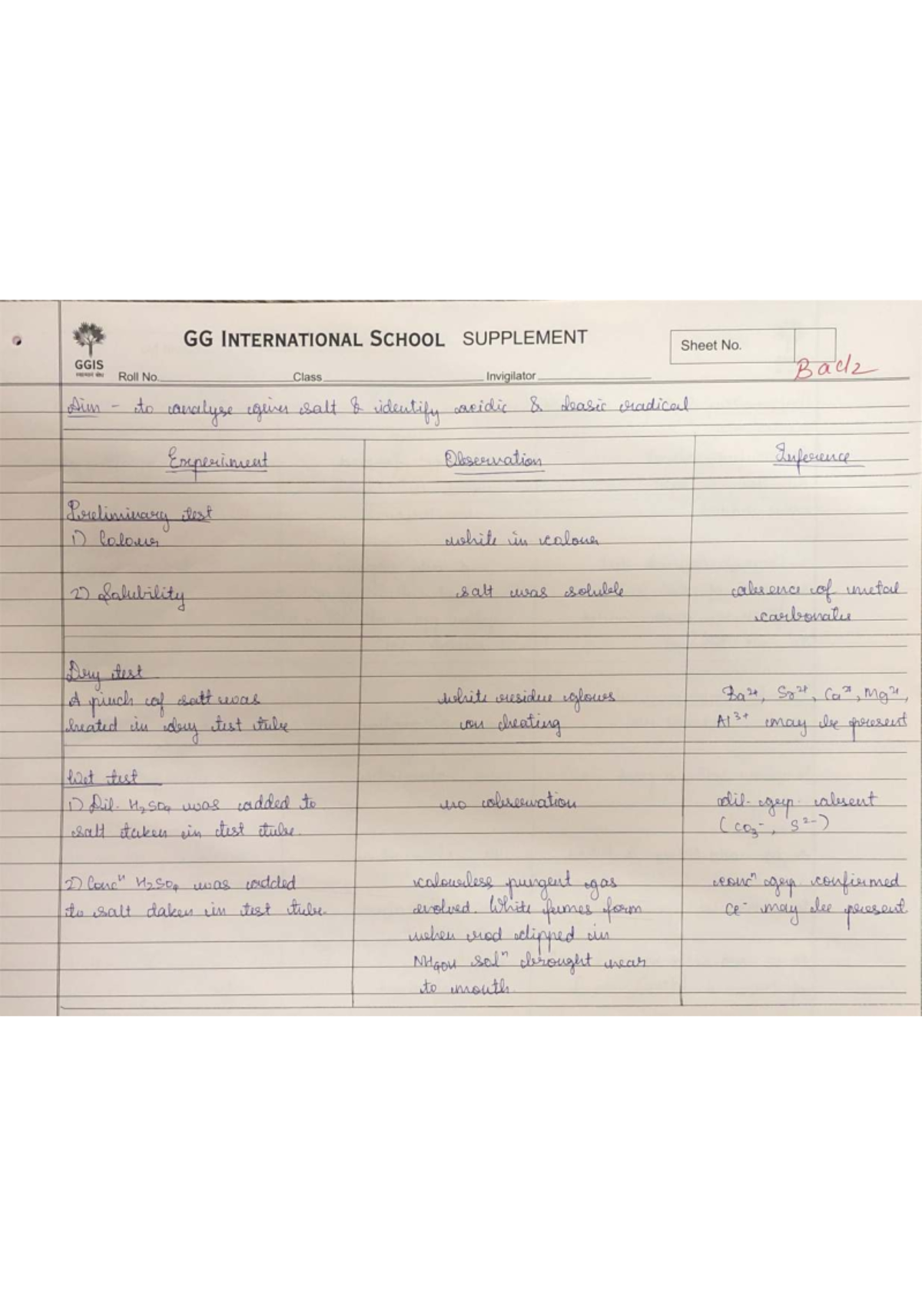 Salt Analysis - GGIS Class Invigilator Sheet - Studocu
