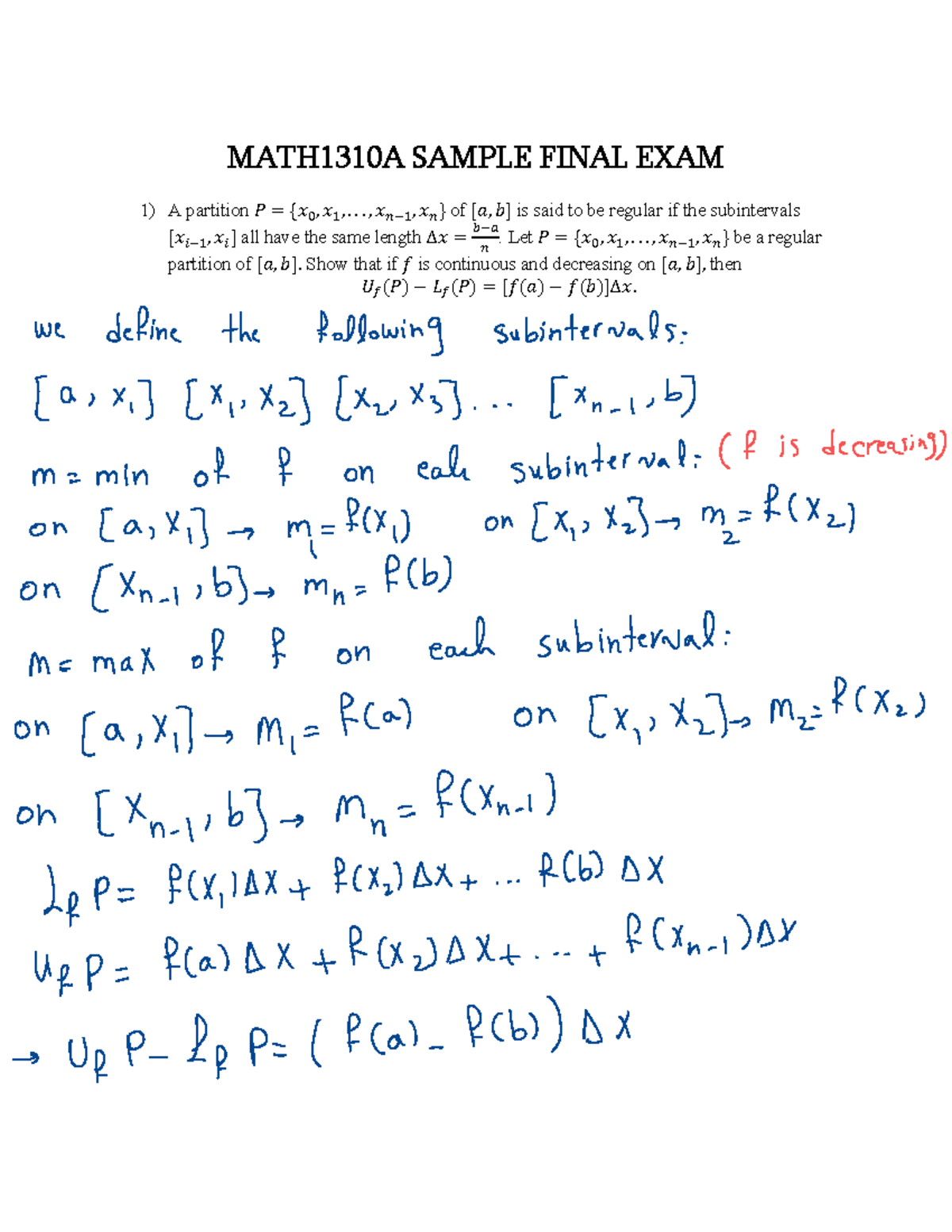 MATH1310A Sample Final Exam Solutions with Key Concepts - Studocu