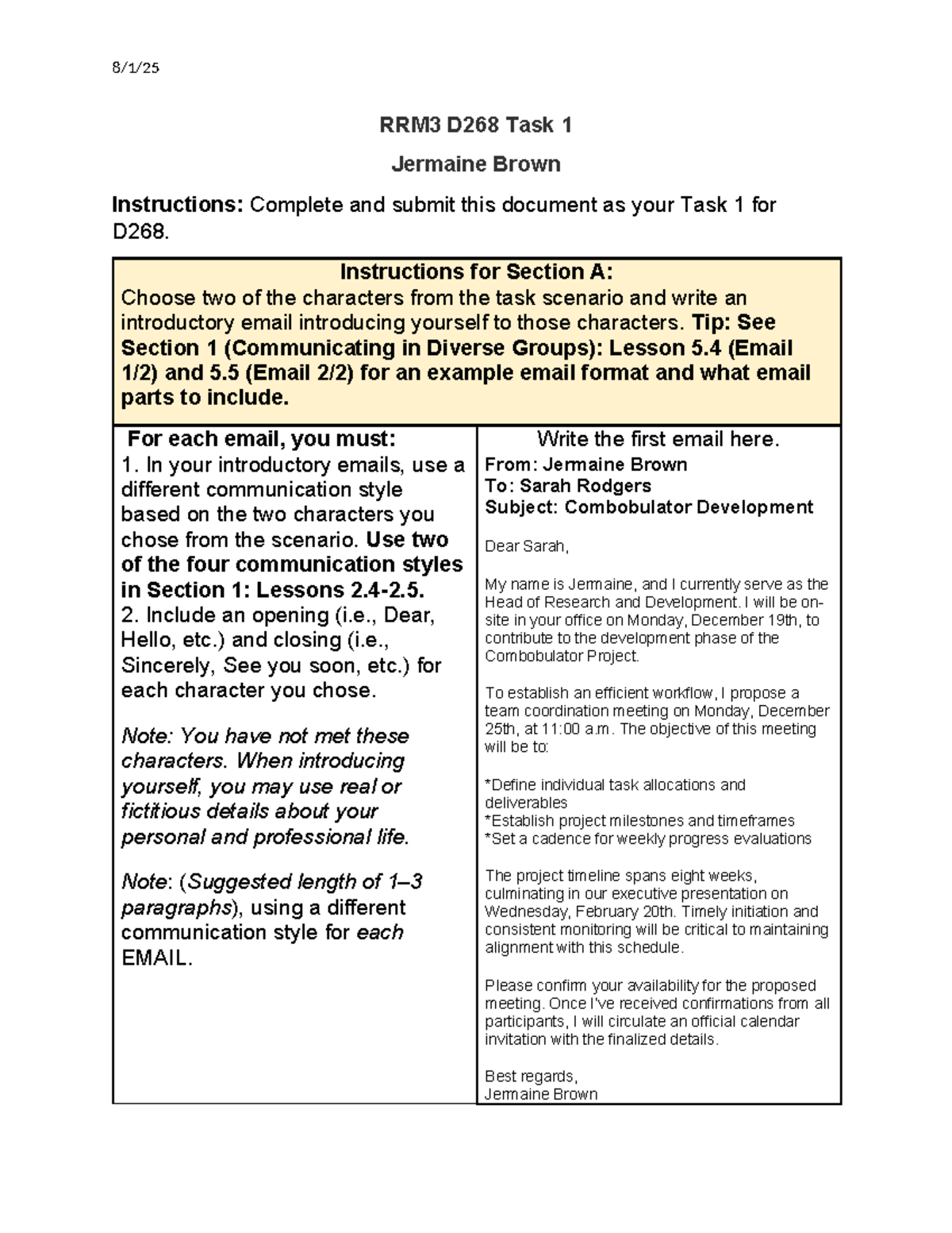 RRM3 D268 Task 1: Introductory Emails for Communication Styles - Studocu