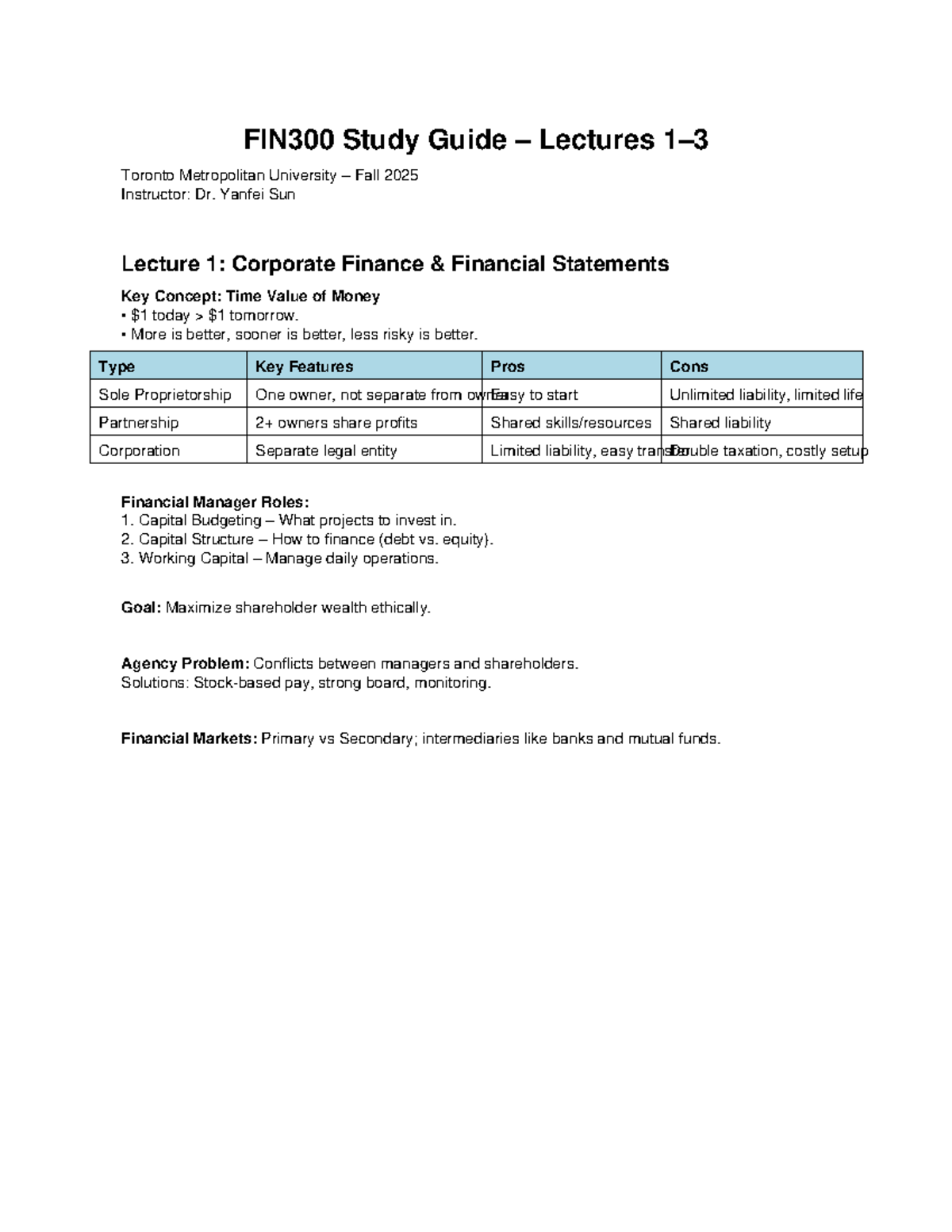 FIN300 Study Guide: Corporate Finance Lectures - Fall 2025 - Studocu