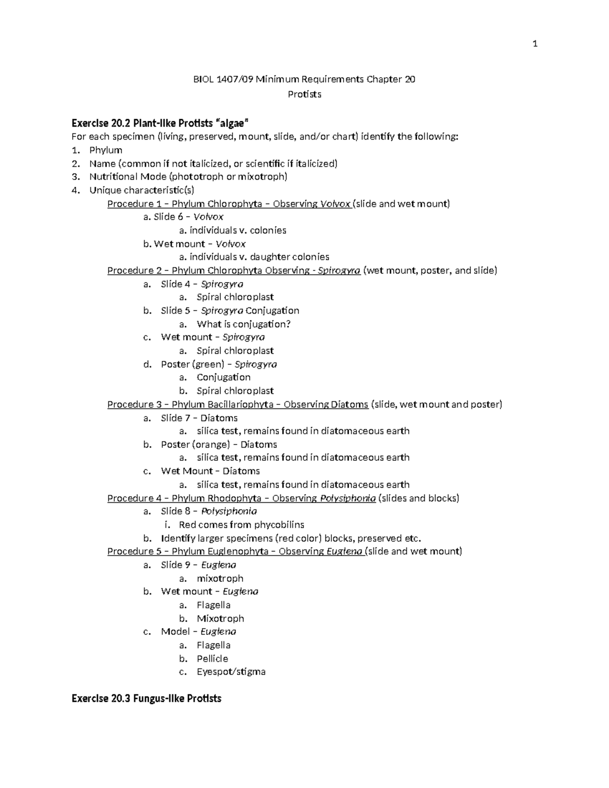 BIOL 1407/09 Chapter 20 Lab Manual: Exploring Protists and Their ...