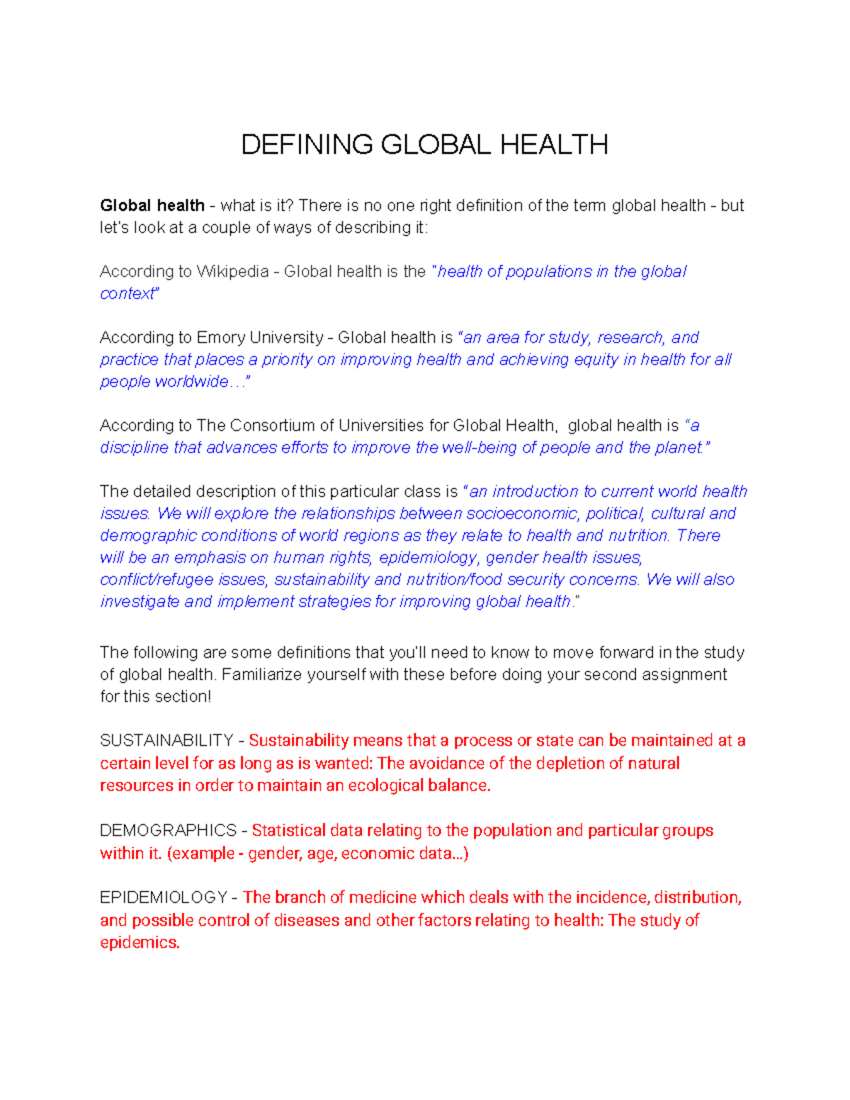 Defining Global Health: Key Concepts and Issues (Course Code: GH101 ...